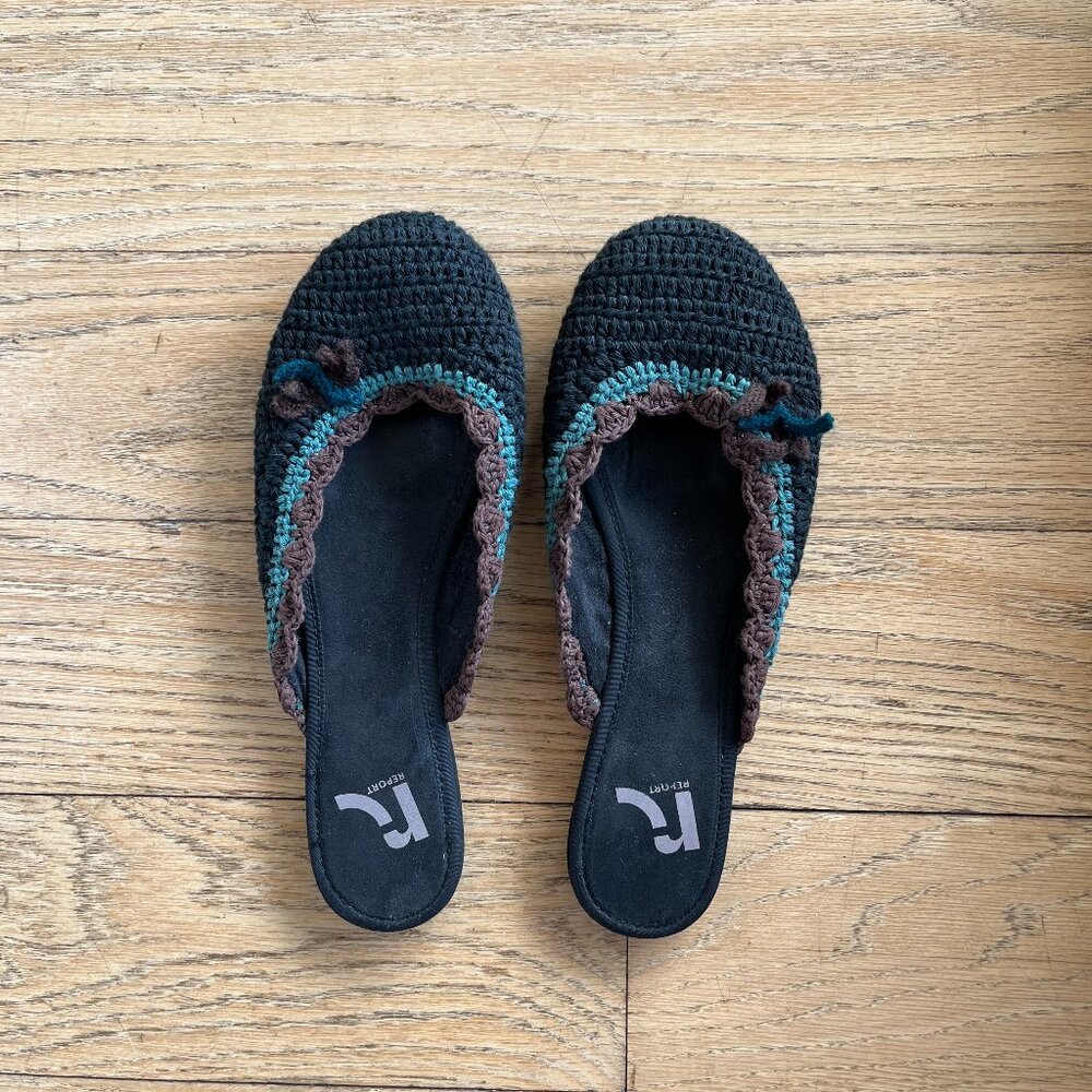 Report Crocheted Round-Toe Flat Mules, Size 7.5